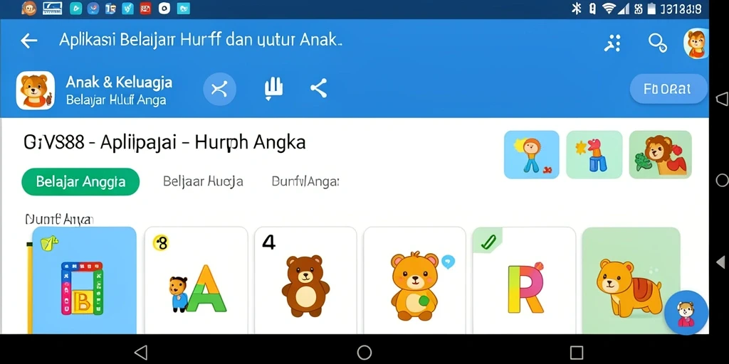 Tampilan antarmuka aplikasi JVS88 yang ceria dan interaktif untuk belajar huruf dan angka.